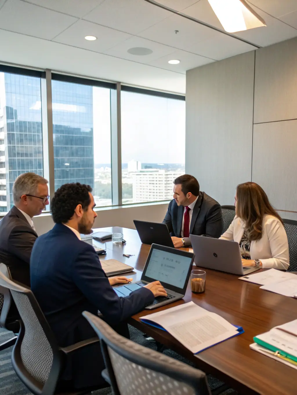 A ClaimAdvocate negotiator in a meeting with an insurance adjuster, discussing claim details and advocating for the client's best interests.